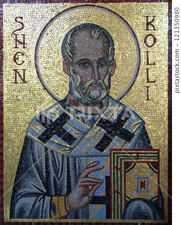 Saint Nicholas, mosaic in the Mother Teresa cathedral in Vau i Dejes, Albania Saint Nicholas, mosaic in the Mother Teresa cathedral in Vau i Dejes, Albania 121350980