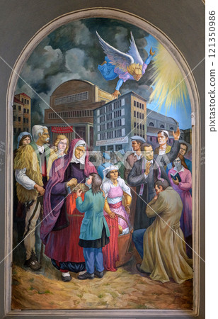 Frescoes that depict the persecution of religion in socialist Albania, Franciscan church in Shkoder, Albania Frescoes that depict the persecution of religion in socialist Albania, Franciscan church in Shkoder, Albania 121350986