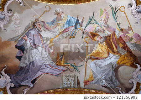 Amorbach abbots and bishops of Verden and Martyrs: Saint Tanco, Kortyla, Haruchus and Erlulphus fresco by Matthaus Gunther in Benedictine monastery church in Amorbach, Germany Amorbach abbots and bishops of Verden and Martyrs: Saint Tanco, Kortyla, Haruchus and Erlulphus fresco by Matthaus Gunther in Benedictine monastery church in Amorbach, Germany 121350992