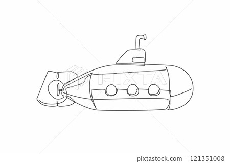 Continuous one line drawing submarine with three porthole. Equipped with a periscope to see the conditions under the sea. Research. National Submarine Day. Single line draw design vector illustration 121351008