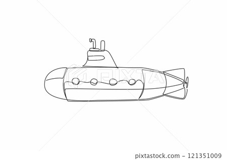 Single continuous line drawing the submarine with four porthole. Marine and freshwater science. Deep sea support vehicle. Maneuverability. National Submarine Day. One line design vector illustration 121351009