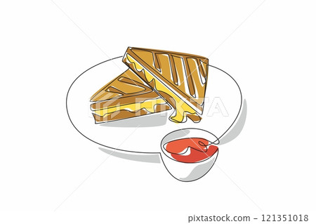 Continuous one line drawing 2 pieces of grilled cheese sandwich stacked with melted cheese on a plate. Appetizer. National Grilled Cheese Sandwich Day. Single line draw design vector illustration Continuous one line drawing 2 pieces of grilled cheese sandwich stacked with melted cheese on a plate. Appetizer. National Grilled Cheese Sandwich Day. Single line draw design vector illustration 121351018