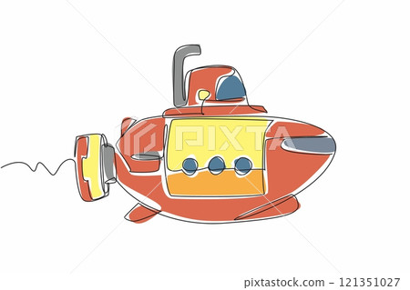 Single one line drawing the yellow submarine. Naval vehicles to maintain sovereignty in water areas. Ships of military importance. National Submarine Day. Continuous line design graphic illustration Single one line drawing the yellow submarine. Naval vehicles to maintain sovereignty in water areas. Ships of military importance. National Submarine Day. Continuous line design graphic illustration 121351027