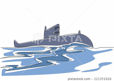 Single one line drawing submarine rises to the surface of the sea. Fleet change shift. The crew also needs food. Maneuverability. National Submarine Day. Continuous line design graphic illustration 121351028