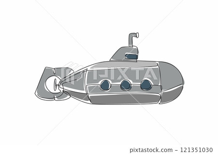 Continuous one line drawing submarine with three porthole. Equipped with a periscope to see the conditions under the sea. Research. National Submarine Day. Single line draw design vector illustration 121351030