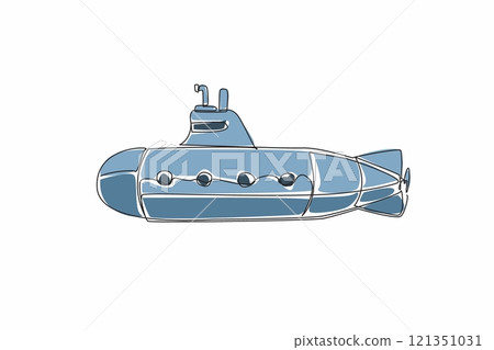 Single continuous line drawing the submarine with four porthole. Marine and freshwater science. Deep sea support vehicle. Maneuverability. National Submarine Day. One line design vector illustration 121351031