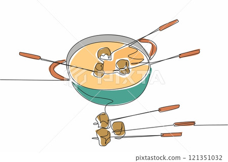 Single one line drawing pan containing liquid cheese. Bread slices dipped in warm cheese. Unique but still delicious way to eat. National Cheese Fondue Day. Continuous line design graphic illustration 121351032