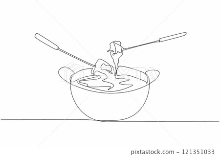 Continuous one line drawing food dipped in cheese liquid in a pan. Swiss specialties when winter comes. Warming the atmosphere. National Cheese Fondue Day. Single line draw design vector illustration 121351033