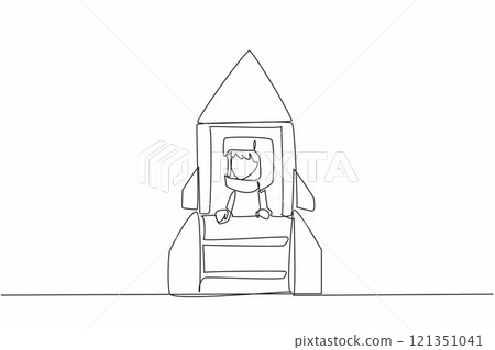 Single one line drawing boy riding a big cardboard rocket wearing cardboard helmet. Aspires to be a spaceship builder that flies to moon. Cosmonautics Day. Continuous line design graphic illustration 121351041