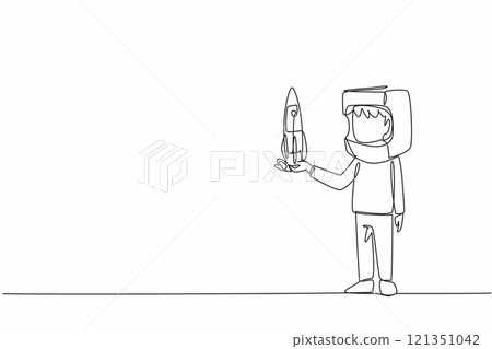 Single continuous line drawing boy holding cardboard rocket wearing cardboard helmet. Resembling spaceman. Dreams that must come true. Big dreams. Cosmonautics Day. One line design vector illustration Single continuous line drawing boy holding cardboard rocket wearing cardboard helmet. Resembling spaceman. Dreams that must come true. Big dreams. Cosmonautics Day. One line design vector illustration 121351042