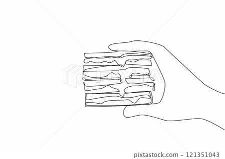 Continuous one line drawing hand holding several layers of grilled cheese sandwich. Devouring very quickly. Full. National Grilled Cheese Sandwich Day. Single line draw design vector illustration 121351043