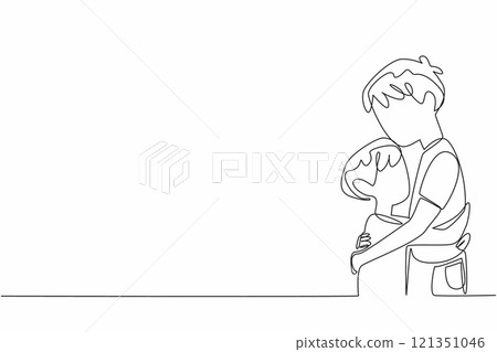 Single one line drawing two brothers hugging each other. After the conflict subsided, they forgave each other. Small disputes. Calm. National Siblings Day. Continuous line design graphic illustration 121351046