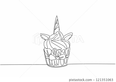 Single continuous line drawing colorful unicorn mane cupcakes. Inviting appetite of children to eat. Uniquely shaped sweet snacks. National Unicorn Day - Cupcake. One line design vector illustration Single continuous line drawing colorful unicorn mane cupcakes. Inviting appetite of children to eat. Uniquely shaped sweet snacks. National Unicorn Day - Cupcake. One line design vector illustration 121351063