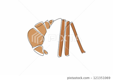 Single one line drawing a cinnamon crescent and some cinnamon sticks. For women, this snack can relieve menstrual pain. National Cinnamon Crescent Day. Continuous line design graphic illustration Single one line drawing a cinnamon crescent and some cinnamon sticks. For women, this snack can relieve menstrual pain. National Cinnamon Crescent Day. Continuous line design graphic illustration 121351069