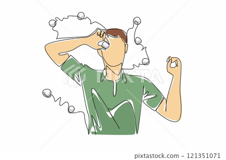 Single continuous line drawing a man lying on the grass holding a golf ball placed on his eye. Free sessions from training are used to take a short break. Amateur. One line design vector illustration 121351071