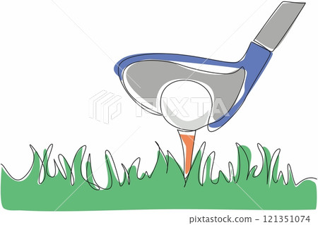 Single one line drawing golf ball on the grass and behind it is a golf club. Taking a running start to make it easier to hit. Preparation before hitting. Continuous line design graphic illustration Single one line drawing golf ball on the grass and behind it is a golf club. Taking a running start to make it easier to hit. Preparation before hitting. Continuous line design graphic illustration 121351074