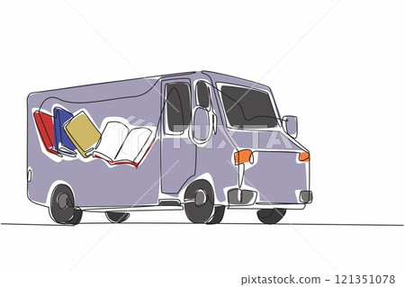 Single continuous line drawing school bus with pictures of books on the side of body. Positive activities to increase interest in reading. National Bookmobile Day. One line design vector illustration Single continuous line drawing school bus with pictures of books on the side of body. Positive activities to increase interest in reading. National Bookmobile Day. One line design vector illustration 121351078