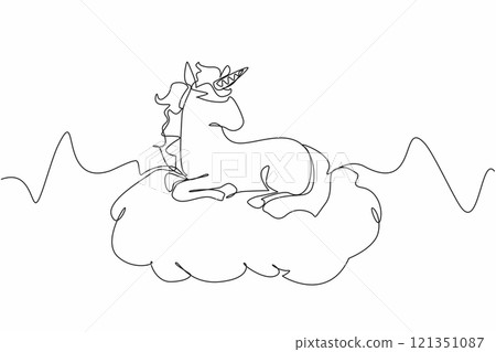 Single one line drawing unicorn sitting on a cloud. A depiction of a calming paradise. Peaceful. Fantasy. Equine. Character. Folklore. National Unicorn Day. Continuous line design graphic illustration 121351087