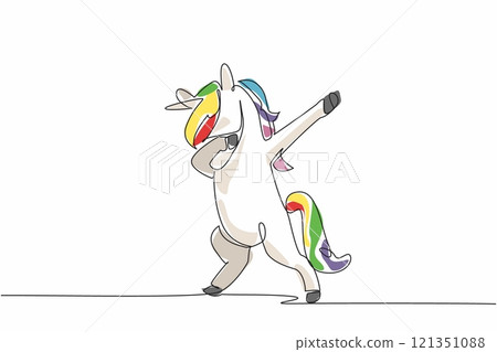 Single one line drawing unicorn standing while doing dabbing pose. The cheerful one. A character who entertains anyone. Mythology. National Unicorn Day. Continuous line design graphic illustration 121351088