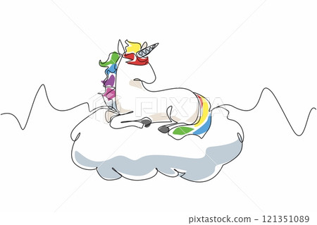 Single one line drawing unicorn sitting on a cloud. A depiction of a calming paradise. Peaceful. Fantasy. Equine. Character. Folklore. National Unicorn Day. Continuous line design graphic illustration 121351089