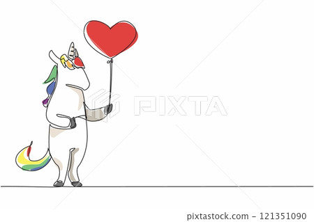 Continuous one line drawing unicorn is standing and holding a heart shaped balloon. A symbol of courage and love. Gentleness of heart. National Unicorn Day. Single line draw design vector illustration Continuous one line drawing unicorn is standing and holding a heart shaped balloon. A symbol of courage and love. Gentleness of heart. National Unicorn Day. Single line draw design vector illustration 121351090