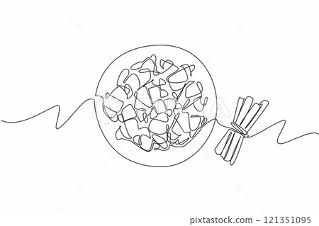 Single continuous line drawing cinnamon crescents on plate next to several cinnamon sticks tied together. Useful for losing weight. National Cinnamon Crescent Day. One line design vector illustration Single continuous line drawing cinnamon crescents on plate next to several cinnamon sticks tied together. Useful for losing weight. National Cinnamon Crescent Day. One line design vector illustration 121351095