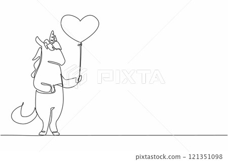 Continuous one line drawing unicorn is standing and holding a heart shaped balloon. A symbol of courage and love. Gentleness of heart. National Unicorn Day. Single line draw design vector illustration Continuous one line drawing unicorn is standing and holding a heart shaped balloon. A symbol of courage and love. Gentleness of heart. National Unicorn Day. Single line draw design vector illustration 121351098