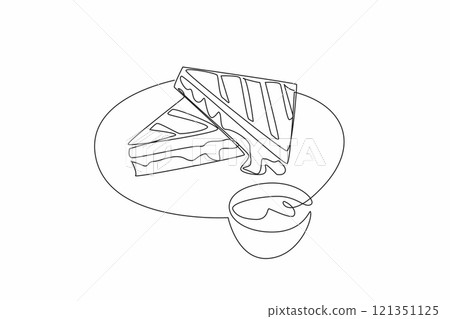 Continuous one line drawing 2 pieces of grilled cheese sandwich stacked with melted cheese on a plate. Appetizer. National Grilled Cheese Sandwich Day. Single line draw design vector illustration 121351125