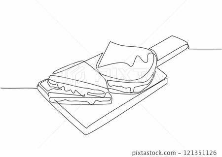 Single one line drawing 2 grilled cheese sandwiches on a cutting board. Abundant melted cheese. Deliciousness. Tasty. National Grilled Cheese Sandwich Day. Continuous line design graphic illustration 121351126