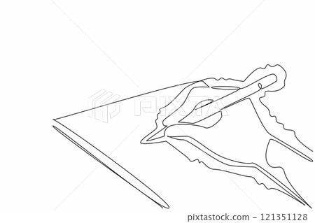 Single one line drawing hands writing on paper using a pencil and shaking. Suffering from motor disorders. Handwriting is not neat and difficult to read. Continuous line design graphic illustration Single one line drawing hands writing on paper using a pencil and shaking. Suffering from motor disorders. Handwriting is not neat and difficult to read. Continuous line design graphic illustration 121351128