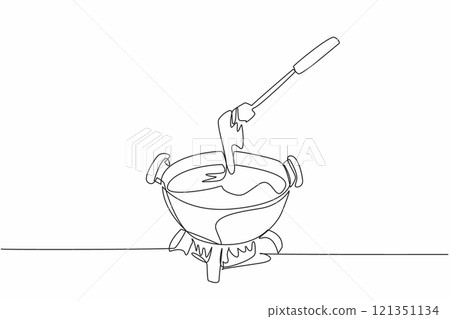 Continuous one line drawing pan heated over fire, inside the pan is melted cheese. Keeps the pot warm. True friend in winter. National Cheese Fondue Day. Single line draw design vector illustration 121351134