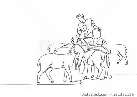 Single one line drawing male energetic farmer is feeding from a bucket to a crowd of sheep. Very obedient livestock. Persistent. National Farm Animals Day. Continuous line design graphic illustration 121351139