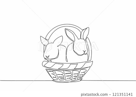 Continuous one line drawing two rabbits in a rattan basket. Container for carrying two cute animals waiting for the evening. National Farm Animals Day. Single line draw design vector illustration 121351141