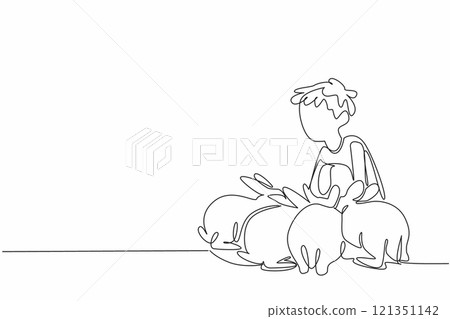 Single one line drawing boy is squatting and surrounded by many rabbits. It is time to feed the beloved livestock. Learn to farm. National Farm Animals Day. Continuous line design graphic illustration 121351142
