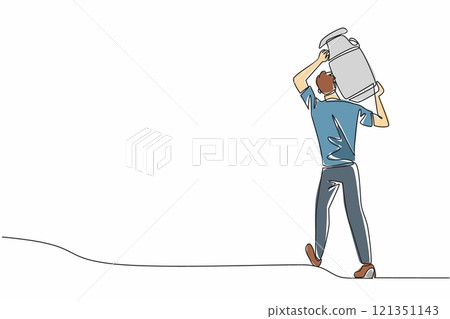 Single continuous line drawing male farmer carrying a milking container. Bringing fresh milk from the farm. Milk processing industry. National Farm Animals Day. One line design vector illustration 121351143