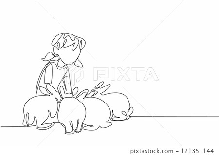 Single one line drawing little girl is squatting and surrounded by many rabbits. Full of joy and enthusiasm to care. Small farm. National Farm Animals Day. Continuous line design graphic illustration 121351144