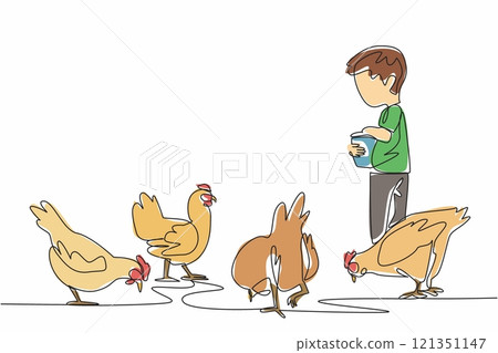 Single one line drawing a boy carrying a small bucket and sprinkling food on chickens. Young farmer. Learning from an early age. National Farm Animals Day. Continuous line design graphic illustration 121351147