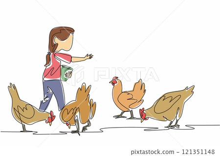 Single one line drawing a girl carrying small bucket and sprinkling food on chickens. First experience of feeding. Best feeling. National Farm Animals Day. Continuous line design graphic illustration 121351148