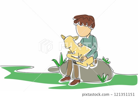 Single one line drawing boy sitting on a large rock holding a baby goat. Taking the pet for an evening walk. Building bonds. National Farm Animals Day. Continuous line design graphic illustration 121351151