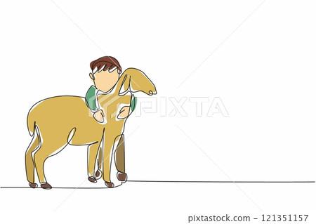 Continuous one line drawing the little boy hugging sheep. Loving the first pet. Cultivating the spirit of animal husbandry. National Farm Animals Day. Single line draw design vector illustration Continuous one line drawing the little boy hugging sheep. Loving the first pet. Cultivating the spirit of animal husbandry. National Farm Animals Day. Single line draw design vector illustration 121351157