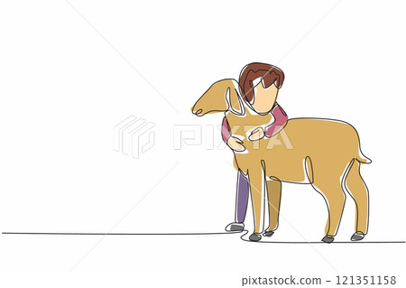 Single one line drawing the little girl hugging sheep. Sold out. Not willing to let go. Nurtured from childhood. Little farmer. National Farm Animals Day. Continuous line design graphic illustration 121351158