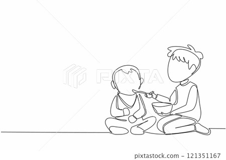 Single one line drawing the older brother feeds his younger brother. Patiently and carefully put the spoon into the mouth. Loving. National Siblings Day. Continuous line design graphic illustration 121351167