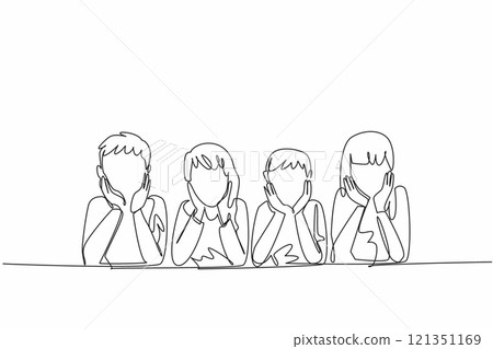 Single continuous line drawing group of brothers and sisters lying face down supporting their cheeks. Brotherhood. Sisterhood. Adorable pose. National Siblings Day. One line design vector illustration Single continuous line drawing group of brothers and sisters lying face down supporting their cheeks. Brotherhood. Sisterhood. Adorable pose. National Siblings Day. One line design vector illustration 121351169