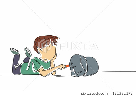 Single one line drawing boy prone to feeding carrots to rabbit. Casually caring with full affection. Favorite food. Stay healthy. National Farm Animals Day. Continuous line design graphic illustration 121351172