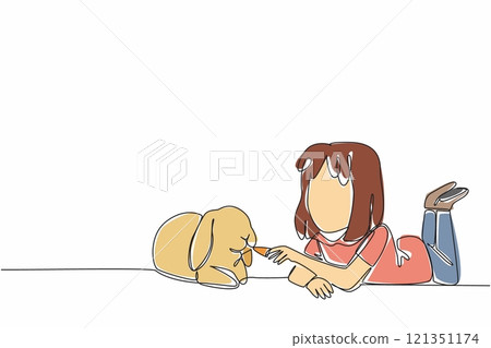 Single continuous line drawing little girl prone to feeding favorite food to rabbit. Never get tired of caring. Livestock. Fresh carrot. National Farm Animals Day. One line design vector illustration Single continuous line drawing little girl prone to feeding favorite food to rabbit. Never get tired of caring. Livestock. Fresh carrot. National Farm Animals Day. One line design vector illustration 121351174