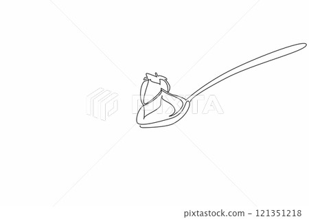 Single one line drawing spoon filled with chocolate and strawberry. One spoonful as a dessert. Delicious sweet food. Tasty. National Chocolate Mousse Day. Continuous line design graphic illustration 121351218