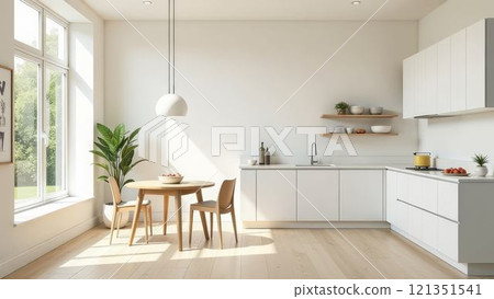 Cozy stylish living room with round dining table, panoramic window, decorative accessories. concept of modern urban apartment for newlyweds 121351541