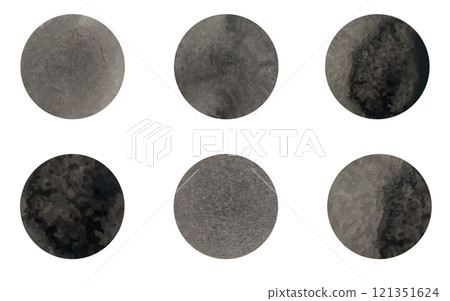 Abstract circle patches with  grunge texture, each isolated on white background. Grayish or dark brown watercolor spots. 121351624