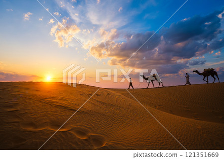 Indian cameleers camel drivers camel silhouettes in dunes on sunset. Jaisalmer, Rajasthan, India 121351669