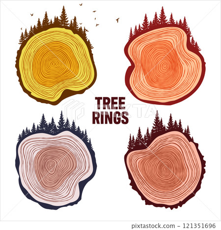 Round tree trunk cuts with trees, forest and birds. Sawn pine or oak slices, lumber. Saw cut timber, wood. Brown wooden texture with tree rings. Hand drawn sketch. Vector illustration Round tree trunk cuts with trees, forest and birds. Sawn pine or oak slices, lumber. Saw cut timber, wood. Brown wooden texture with tree rings. Hand drawn sketch. Vector illustration 121351696